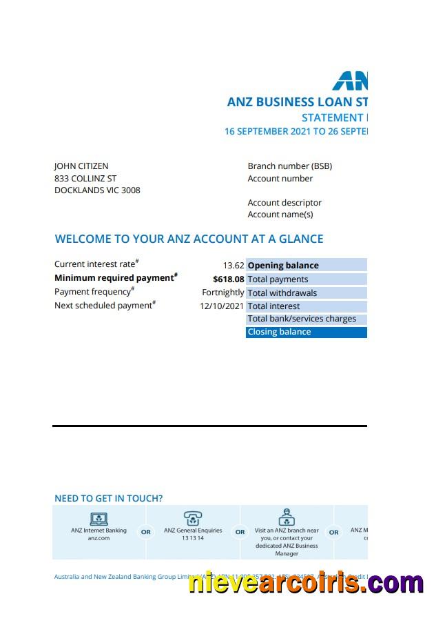 Australia ANZ proof of address bank statement in .xls and .pdf format, fully editable